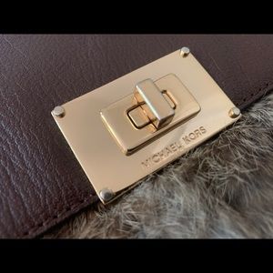 MK Brown Leather w Fur Clutch w Chain